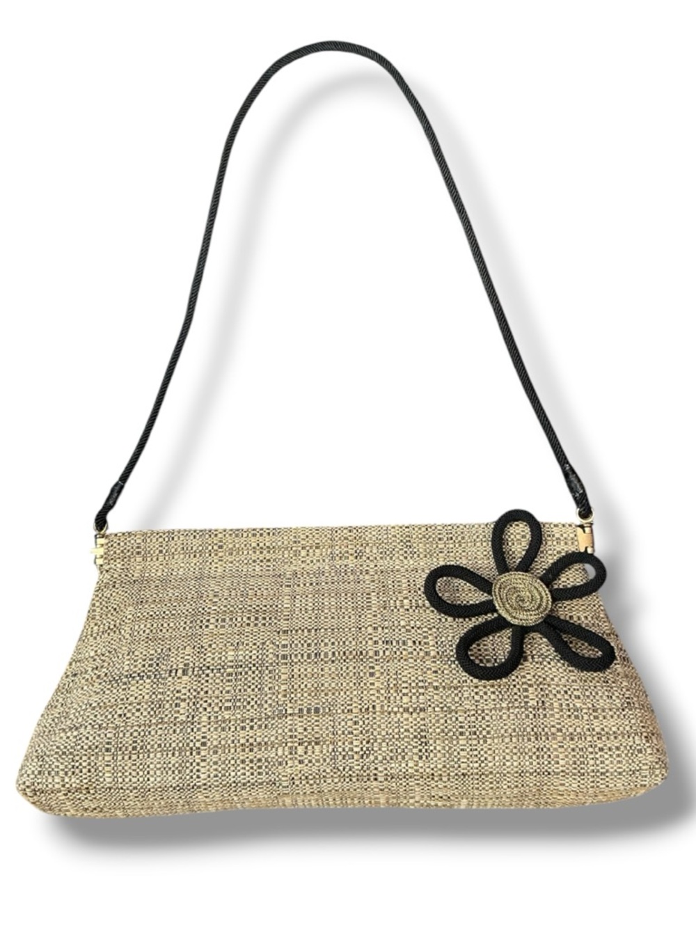 Woven Straw Shoulder Bag with Black Flower Accent